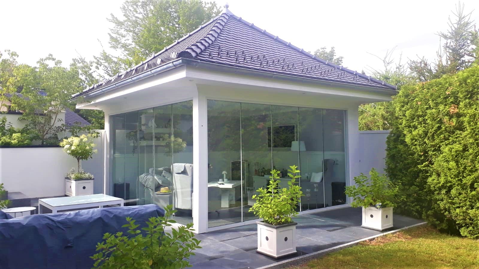 Pavillon Gartenhaus Erweiterung Glasschiebewand